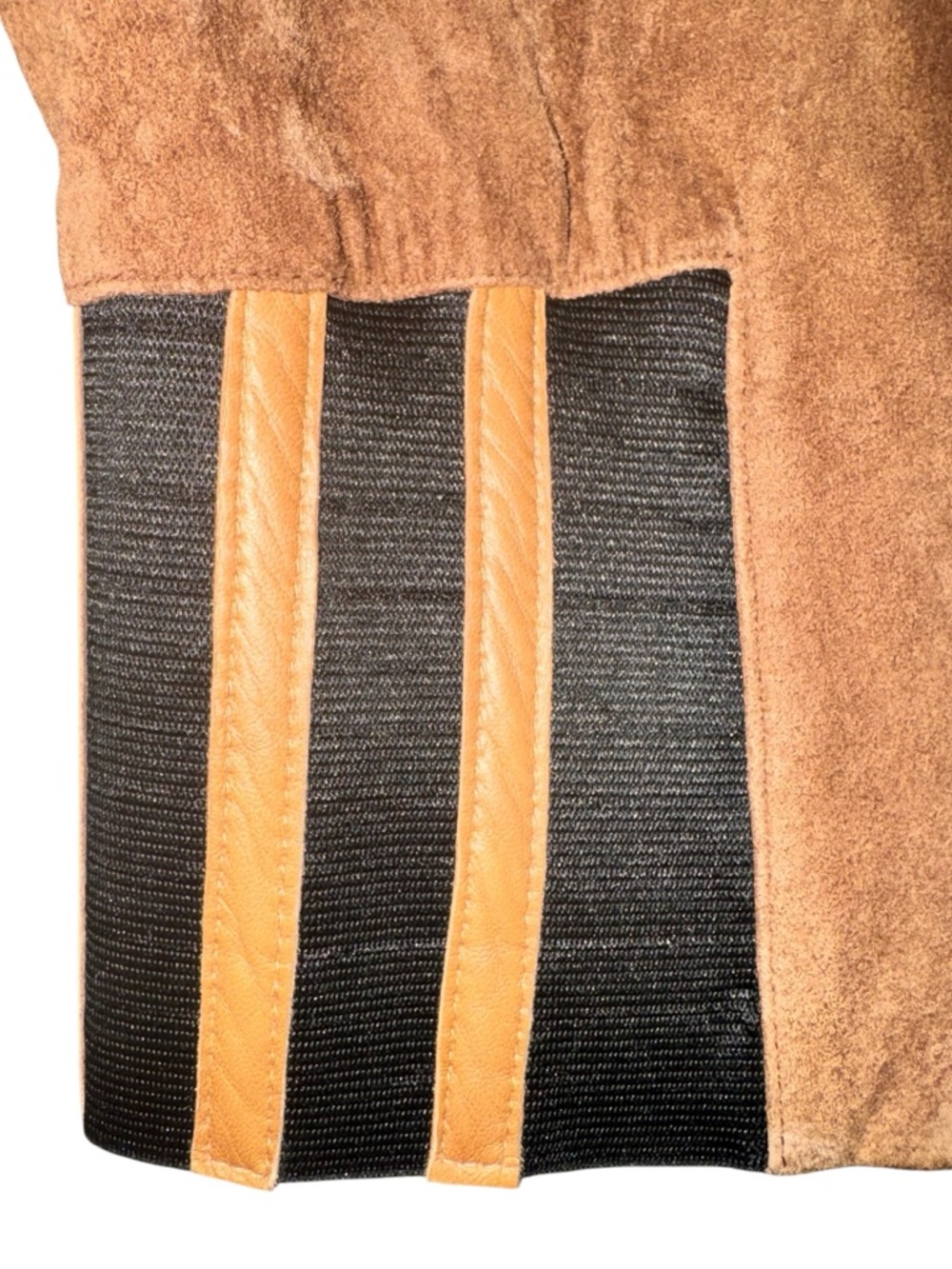 Cognac Suede Bomber Jacket with Striped Elastic Waist - Picture 7 of 11